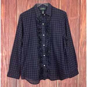 Lauren Ralph Lauren Plaid Ruffle Front Shirt Navy Red Plaid Monogrammed Cuff L